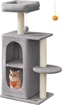 Feandrea Cat Tree, Small Cat Tower for Indoor Cats, Plush Cat Caves with Perch, Scratching Posts, for Small Spaces, Kittens, Light Gray UPCT005G01