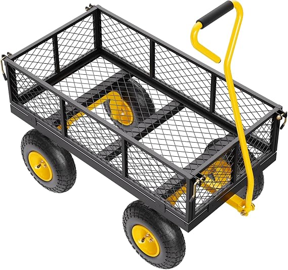 Happybuy 500 Lbs Steel Garden Cart, Heavy Duty Pullable Cart with Wheels for Garden, Metal Yard Utility Wagon with 10" All Terrain Tires, Removable Mesh Sides and 180 Rotating Handle