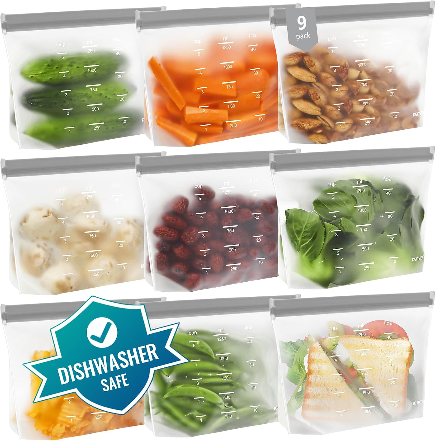 IDEATECH Dishwasher Safe Reusable Storage Bags Stand Up - BPA Free PEVE Reusable Sandwich Bags - Leakproof Gallon Freezer Bags, Silicone Food Storage Bags (Multicolor (9 Sandwich))