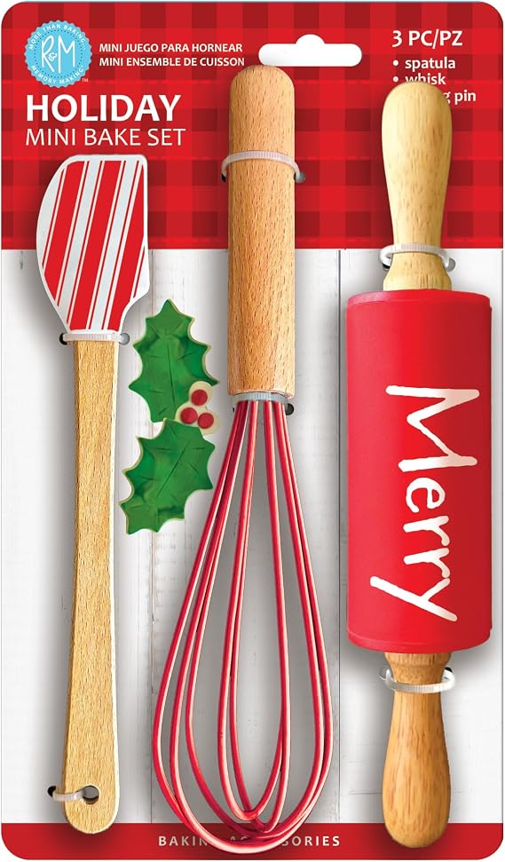 R&M Christmas Holiday 3 Piece Mini Bake Set Spatula, Whisk & Rolling Pin Christmas Baking Gift for Kids and Home Bakers