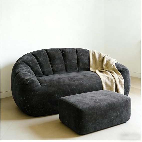 Bean Bag Chair for Adults Oversized Faux Fur Shell-Shaped BonelessBeanBag Couch Filler with Memory FoamStuffed Big Accent Sofa for Living Room, Bedroom Dorm (Black Double seat with Foot Pedals)