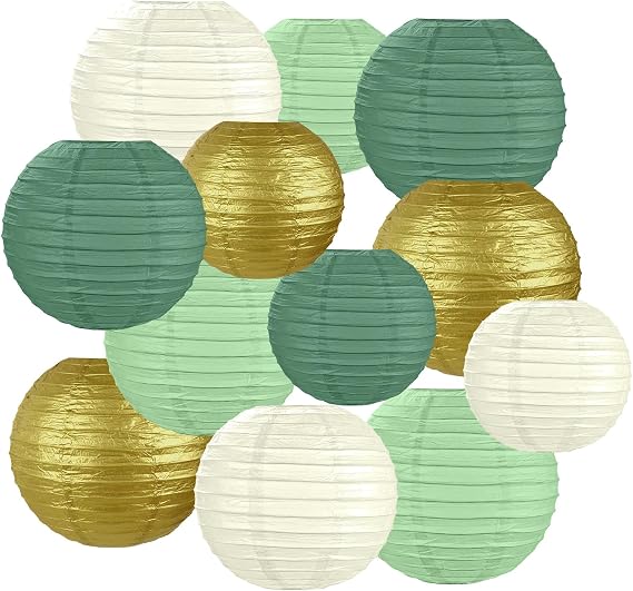 Paper Lanterns, 12Pcs Hanging Round Paper Lamps, Sized 6" 8" 10" | Decorative Lamp Shades, Chinese Lanterns Decorations for Home Decor, Parties, Weddings, Festival (Gold, Ivory, Sage Green)