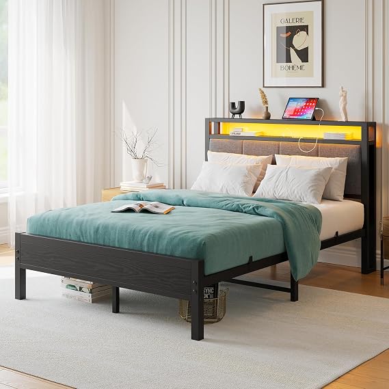 4FT6 Small Double Bed Frame with Storage Headboard, Black