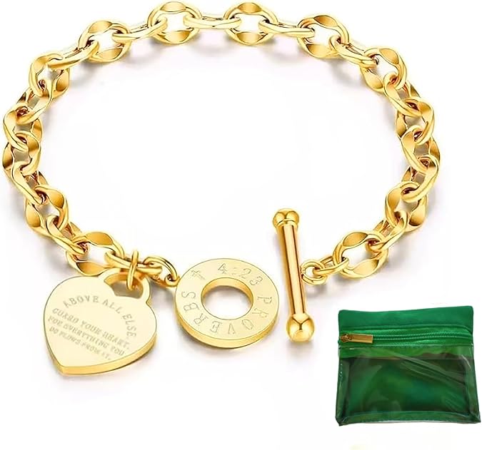Charm Bracelet for Women 18k Gold/Silver/Rose Gold Plated Love Heart Elegant OT Clasp Stainless Steel Green Bag Packaging Jewelry Gift Birthday