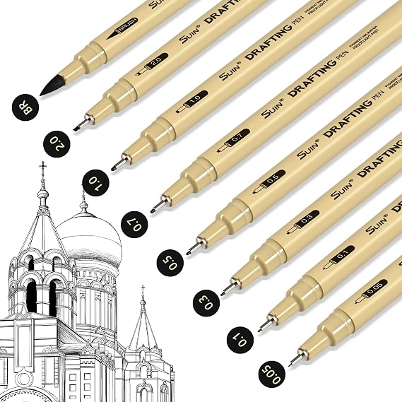 SUIN Fine Tip Drawing Pens, Professional Micro-Line Art Pens for Illustration and Sketching, Waterproof Black Ink Fineliner Pens for Bullet Journaling, Anime & Technical Drawing (8 Pack)