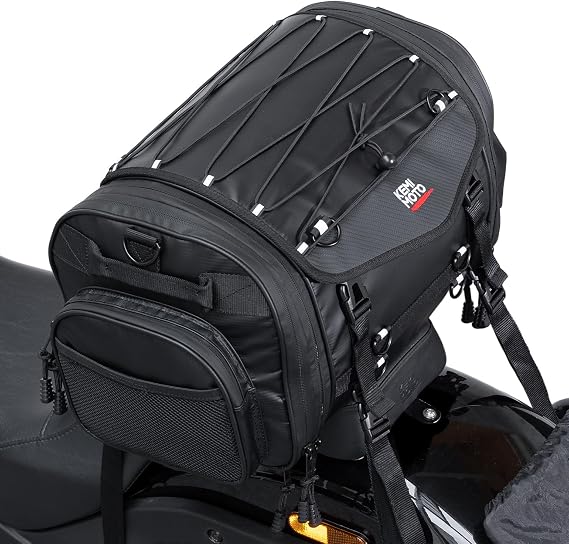 KEMIMOTO Motorcycle Travel Luggage Bags, Expandable Large Capacity Motorcycle Tail Bag, Waterproof Rear Rack Trunk, Motor Pannier Bag with Rain Cover and Straps 30L-45L