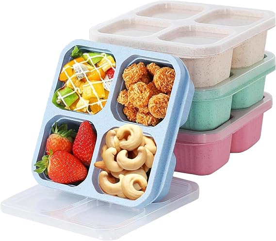4 Pack Snack Containers with 4 Compartments & Transparent Lid, Reusable Bento Snack Box, Divided Food Storage, Kids Adults Meal Prep Lunch Boxes for School Travel Work Picnics(Green/Blue/Pink/Beige)