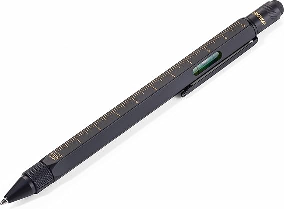 TROIKA CONSTRUCTION Multitasking Ballpoint Pen - PIP20/BG - Black/Gold - Centimetre and Inch Ruler - 1:20 m and 1:50 m Scale - Spirit Level - Slotted and Phillips Screwdriver - Stylus