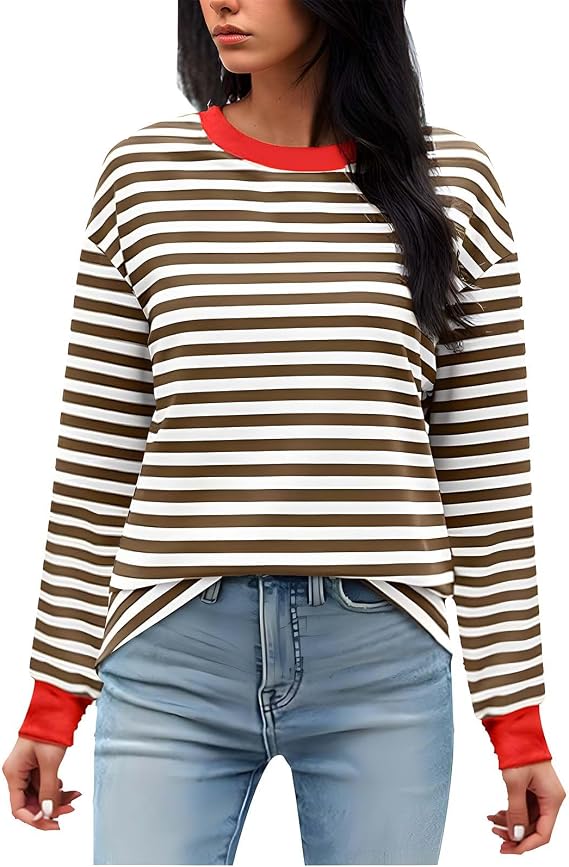 Women Autumn 2024 Long Sleeve T Shirt Trendy Striped Casual Shirt Sweatshirts Color Block Patchwork Pullover