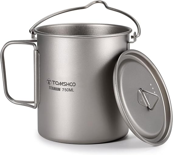 TOMSHOO 750ml/25oz Titanium Mug Camping Titanium Pot with Lid | Camping Coffee Cup with Foldable Handle, Backpacking Cup for Hiking Travelling Camping Open Fire