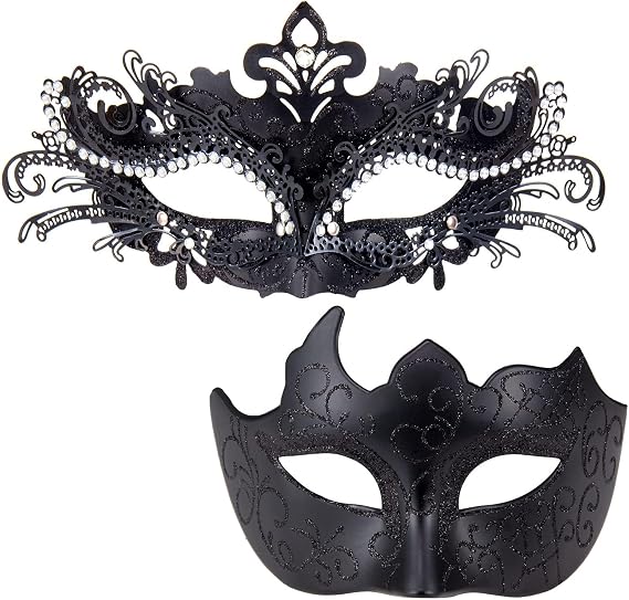 MYSEUNI 2025 Masquerade Masks for Couples, Shiny Rhinestone Metal Filigree Venetian Mask & Mens Venetian Mask for Mardi Gras
