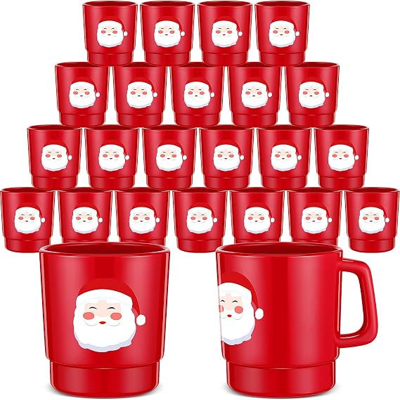 Sliner 24 Pcs Santa Face Christmas Mugs, 11oz Plastic Coffee Cups Bulk