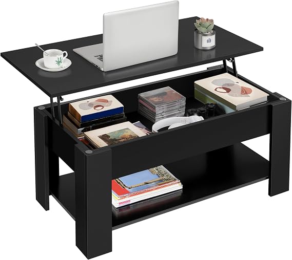 Yaheetech Black Lift Top Coffee Table with Storage for Living Room, 38.6" | Hidden Storage & Lower Shelf, Sturdy Engineered Wood Small Coffee Table for Apartments, Raises Up to Eat or Work on the Sofa