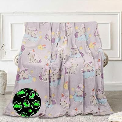 Glow in The Dark Blanket Unicorn Pattern for Unique Birthday Gifts for Girls Boys Teens, Lightweight Soft Cozy Warm Fuzzy 5060 Purple