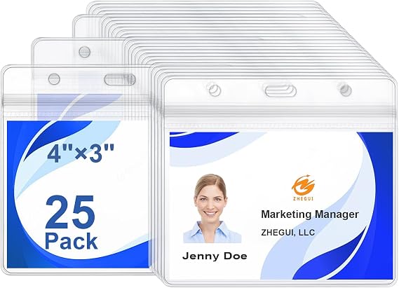 Horizontal ID Badge Holder 4x3 Clear Plastic PVC ID Card Holder Waterproof Type Resealable Zip Name Tag Holders by ZHEGUI (25 Pack, Horizontal Large 4x3)
