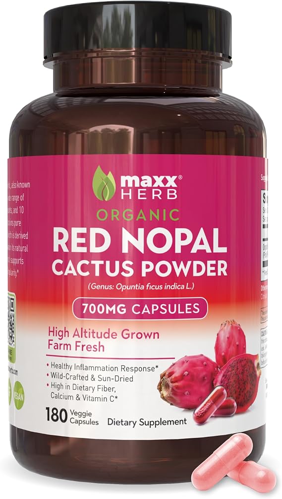 Red Nopal Cactus Capsules - Organic Prickly Pear Fiber, Vitamins, Antioxidant, Metabolic Support, No Added Sugar, Non-GMO, Gluten Free (180 Veggie Capsules)