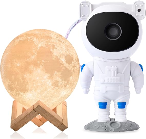 Mind-Glowing Moon Landing Adventure Set: 3D Moon Lamp for Kids (4.7 inch) & Astronaut Galaxy Projector