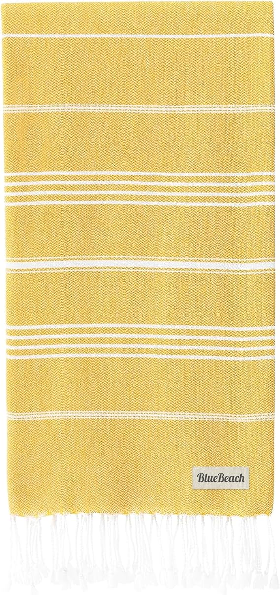 Blue Beach Turkish Towel - 100x180cm Large Turkish Hammam Peshtemal Towel - Super Absorbent, Quick Dry, Sand Free, Lightweight, Compact Towels for Swimming, Bath, Yoga Gym, Sauna and Travel (Mustard)