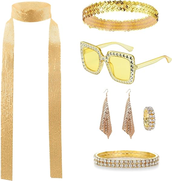 7 Pcs 70s 80s Disco Golden Accessories Women, Disco Fancy Dress Costume Set, Sequins Scarf Earrings, Sunglasses Bracelet Headband and Ring for Birthday Retro Hippie Theme Party