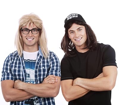 80s Heavy Metal Rocker Wig with Hat Costume Set. Costume Wigs For Men 1980s Mullet Wig. Fits All  90s Guitar Rocker Blonde Wig  Black Glasses Mens 80s Punk Heavy Metal Blonde Mullet Wigs Set of 2