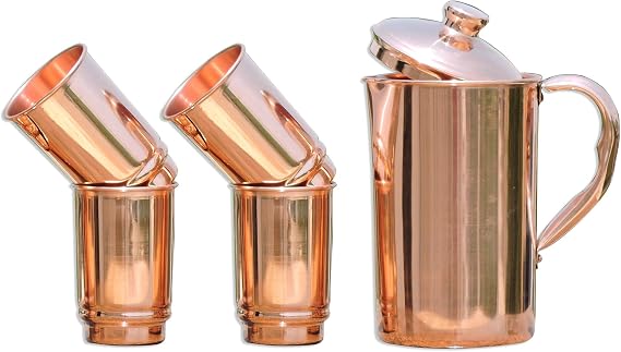 HealthGoodsIn - Pure Copper Pitcher with 4 Copper Tumblers | Copper Pitcher and Tumbler Set for Ayurveda Health Benefits
