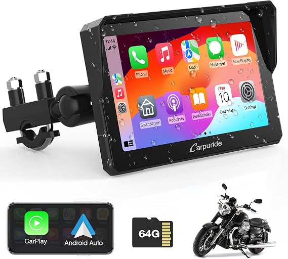 Carpuride W702 for Motorcycle, 7 inch Waterproof Touchscreen, Portable Apple Carplay/Android Auto GPS Navigation for Motorbike, Support Dual Bluetooth, Car GPS, Siri, Google Assistant, TF-64G