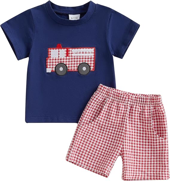Toddler Baby Boy Firetruck Outfit Fire Truck T Shirt Top Red Gingham Shorts Set 2Pcs Birthday Summer Clothes