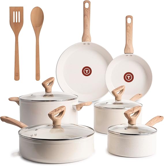 T-Fal Revive Ceramic Nonstick Pots and Pans Set, 12-Piece, Beige Granite