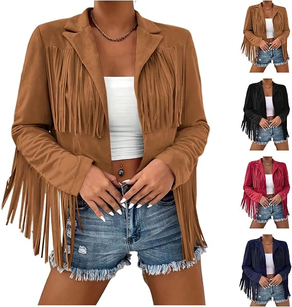 Fringe Jacket Women Faux Suede Leather Jackets Vintage Tassel Cowgirl Coat