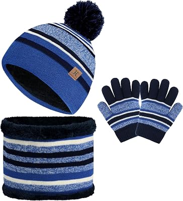 Kids Winter Hat, Scarf & Gloves Set - Knit Beanie Hat, Fleece Lined for 3-8 Year Olds