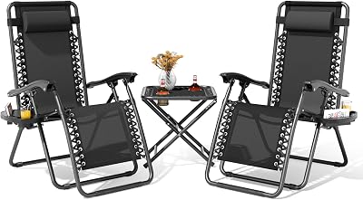Magshion Folding Zero Gravity Chairs Set of 2, Outdoor Reclining Camping Chairs, Patio Lounge Recliners with Side Table & Cup Holder Tray, Black