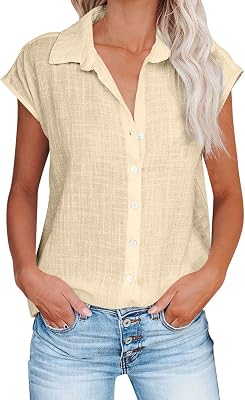 Womens Summer Tops Casual Cotton Linen Button Down Shirts Dressy Fashion Sexy Cap Sleeve V Neck Formal Work Blouses