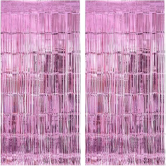 Stafih Foil Fringe Curtains 2PCS 8ft x 3ft Metallic Tinsel Photo Booth Backdrop for Wedding Birthday Bachelorette Christmas Party Decorations(Pink)