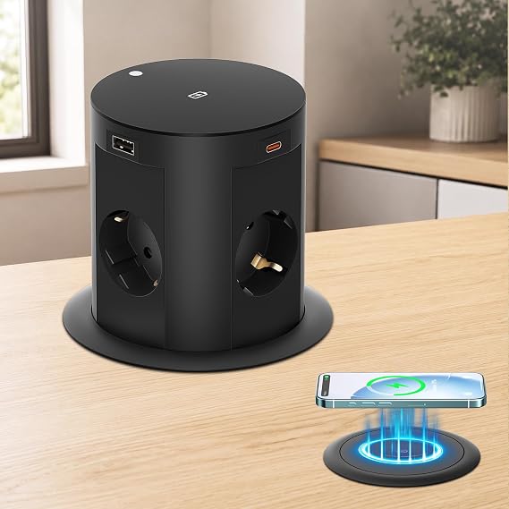 Retractable Socket with 2 x USB-C to 65 W 4-Way 15 W Qi Charging