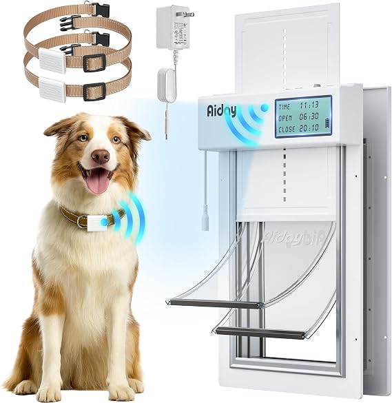 Automatic Dog Door with Collar Sensor, 2-Flap Electronic Large Dog Door for Door with Anti-Pinch, Mains-Powered, LCD Display, Timing Function, Metal Frame(L)