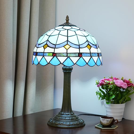 Tiffany Stained Glass Table lamp Blue Mediterranean Feather Warm Color Guest Restaurant bar lamp Study Bedroom Bedside lamp