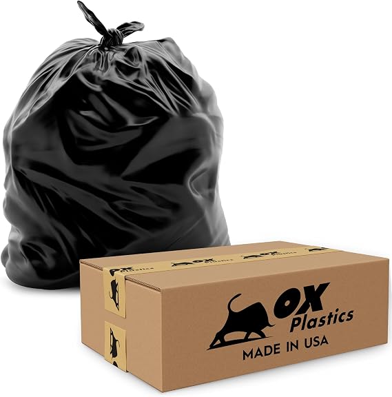 Ox Plastics Trash Can Liners Bags - 42 Gallon Capacity & 2mil Thick Extra Heavy Duty Strength - Large Garbage, Leak-Proof & Durable, House & Commercial Use Bags Black 37 X 43 (50 Count)