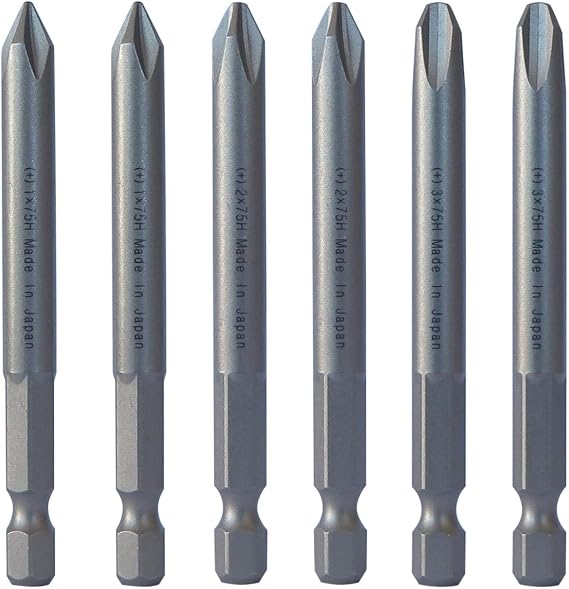 JIS B4633 1/4" Hex Screw Driver Bits | Made in Japan (+1 +2 +3 X 75mm - 6 Pcs