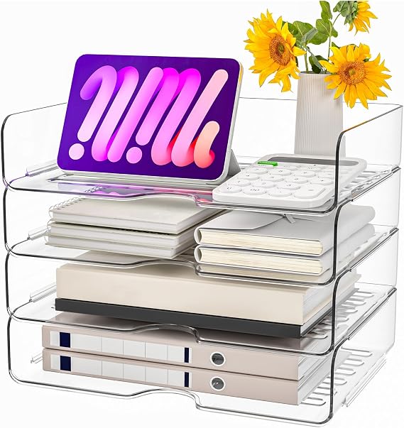 Paper Organizer Letter Tray, 4 Pack Acrylic Stackable Desk File Organizer,Versatile Clear Office Organizer for File Paper, Ipad, Letter, A4 Office
