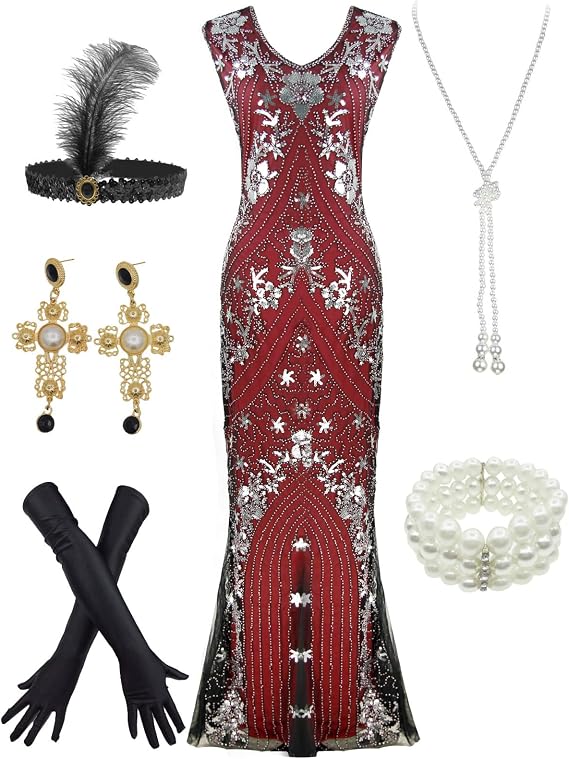 1920s Sequin Gatsby Maxi Long Evening Prom Mermaid Hem Dress w/Accessories Set