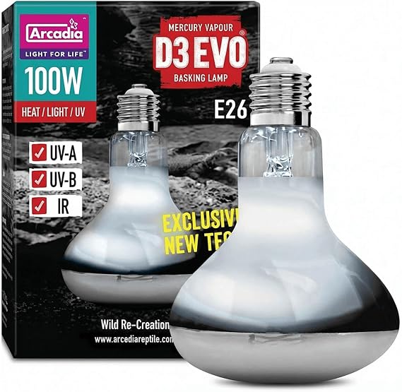 Arcadia D3 EVO UVB Basking Lamp 100W Mercury Vapor Reptile Heat Lamp Bulbs for Bearded Dragons, Tortoises, Snakes and Turtle Tanks, UVA UVB Infrared Long Lasting Easy to Use Heat Bulb for Reptiles
