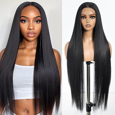 DEBUT Light Yaki Straight Lace Front Wigs 36 Inches Super Long Wig 13x4x0.5 Middle Part Natural Hairline with Baby Hair Synthetic Wig for Women 1B Color