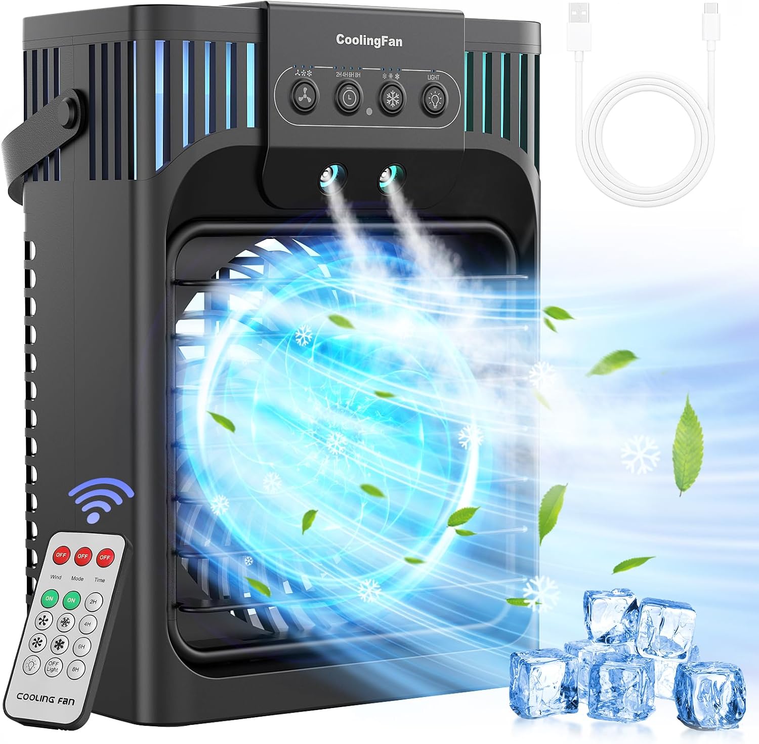 Mobile Air Conditioner with Remote Control 1200 ml Mini Air Cooler with 3 Air Speeds and 3 Cooling Mist 2-8H Timer & 7 LEDs Quiet Small Air Conditioner for Room and Office (10 W)