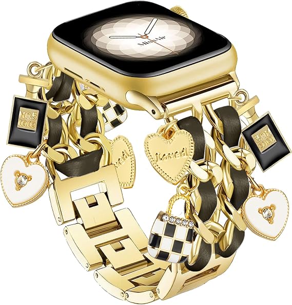 Bracelet Band with Cute Charm Compatible for Apple Watch 38mm 40mm 41mm 42mm (S10) Women, Cuban Chain Strap for iWatch Series 10 9 8 7 6 5 4 3 2 SE, Black&Gold