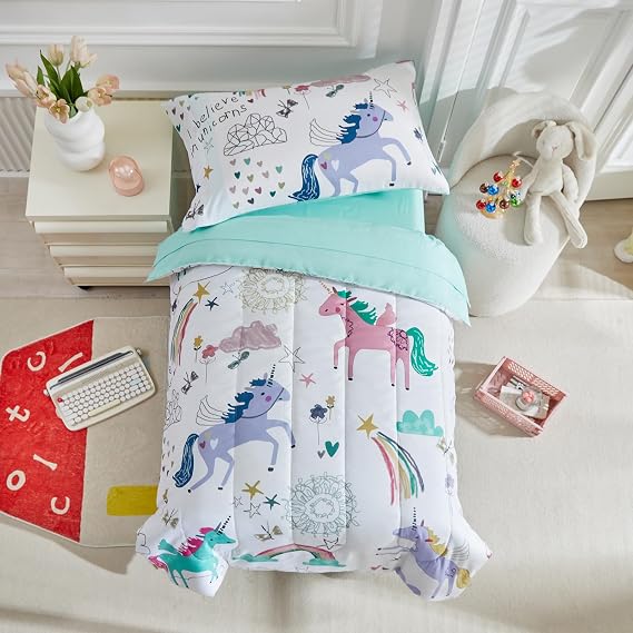 4-Piece Toddler Bedding Set for Girls - White Unicorn Rainbow Stars Print - Ultra Soft Comforter Set + Fitted Sheet + Flat Sheet + Pillowcase