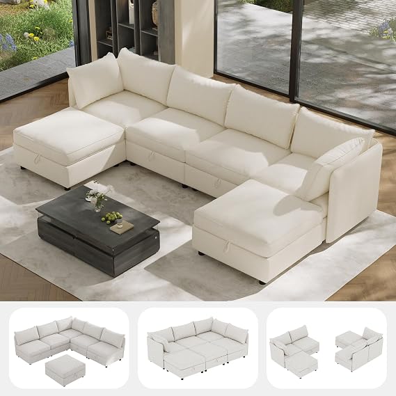 6 Seat Modular Sectional Sofa with Storage Convertible Sectional Couch Modular Sofa with Chaise Living Room Furniture Sets, U Shaped Couch with Ottoman Couches for Living Room Beige