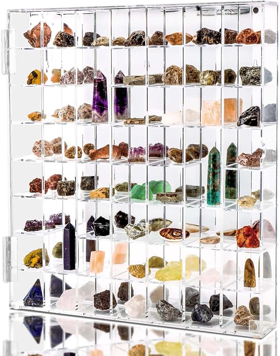 Adjustable Seashell Display Case Box Large Rock Fossil Arrowhead Display Case Crystal Organizer Clear Wall Mounted & Desktop 56 Room Shadow Box for Mini Pop Figure, Collectibles, with Mirrored & Lid…