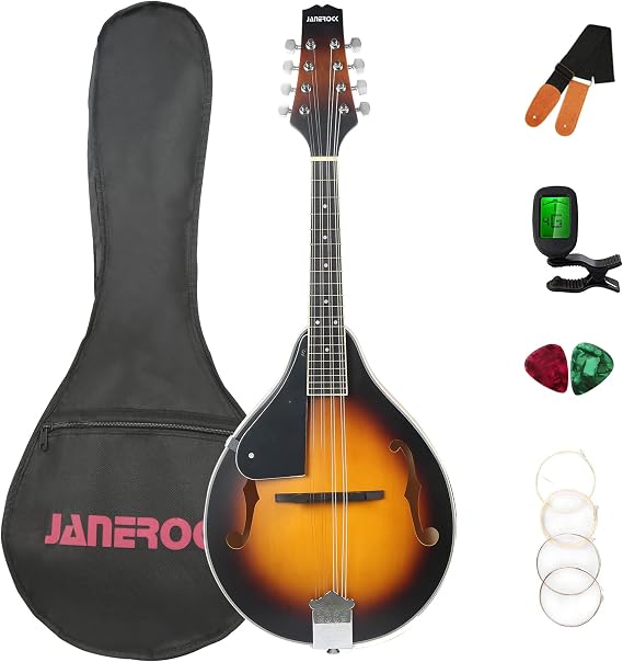Left Handed Mandolin Instrument,Janerock A style Acoustic Mandolin Classic Sunburst with gig bag,tuner,strings,strap,picks