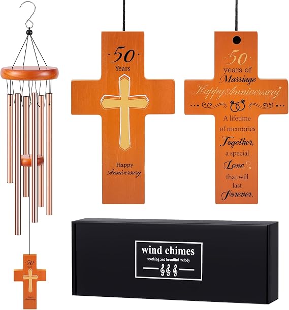 50th Wedding Religious Cross Wind Chimes Happy 50 Years of Marriage Romantic Gifts Unusual Golden Anniversarys Keepsake Present for Couple Women Men Parents Wife Husband Friends