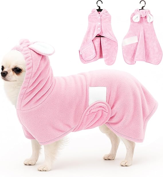 Pet Bathrobe Towel Dog Cat Drying Coat Super Absorbent Cute Dogs Bath Towel Hooded Robe Adjustable Collar & Belly Strap for XSmall to XLarge Pets (Pink, S)